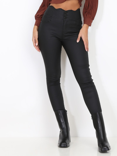 Pantalon skinny noir enduit à bord festonné