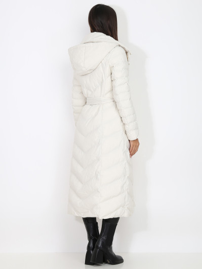 Doudoune longue beige ceinturée à capuche
