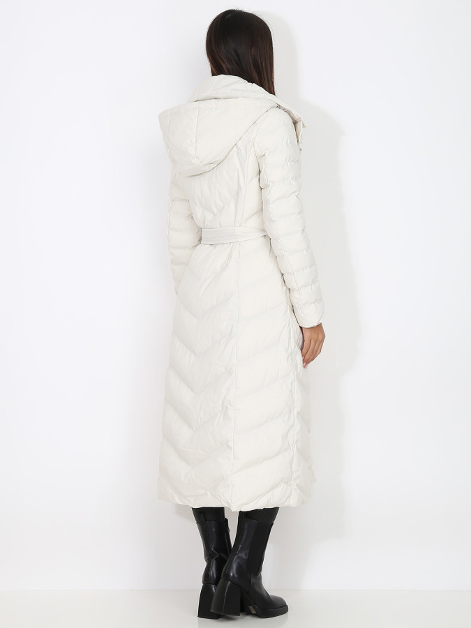 Doudoune longue beige ceinturée à capuche