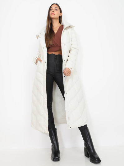 Doudoune longue beige ceinturée à capuche