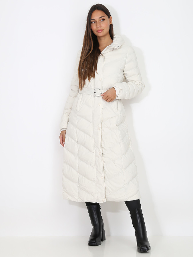 Doudoune longue beige ceinturée à capuche