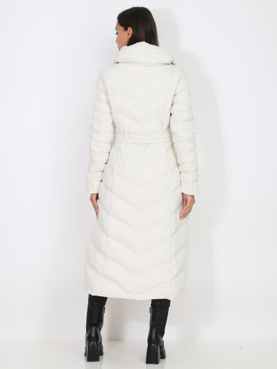 Doudoune longue beige ceinturée à capuche