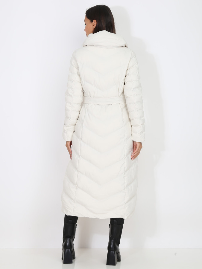 Doudoune longue beige ceinturée à capuche