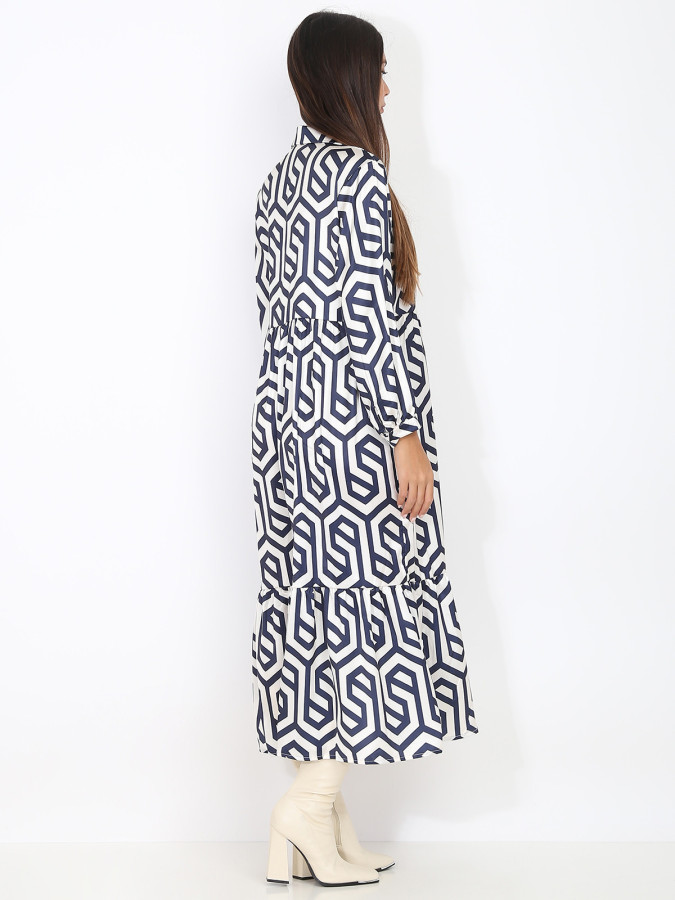 Robe longue évasée beige à motif rétro bleu