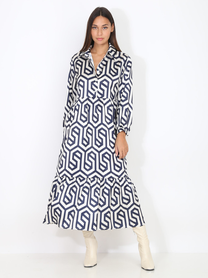 Robe longue évasée beige à motif rétro bleu