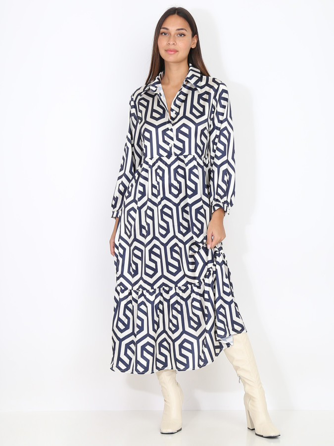 Robe longue évasée beige à motif rétro bleu