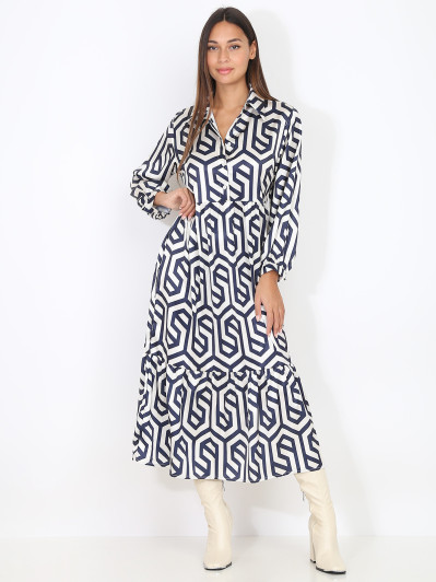 Robe longue évasée beige à motif rétro bleu