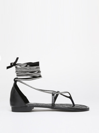 Sandales noires strassées à nouer en simili cuir