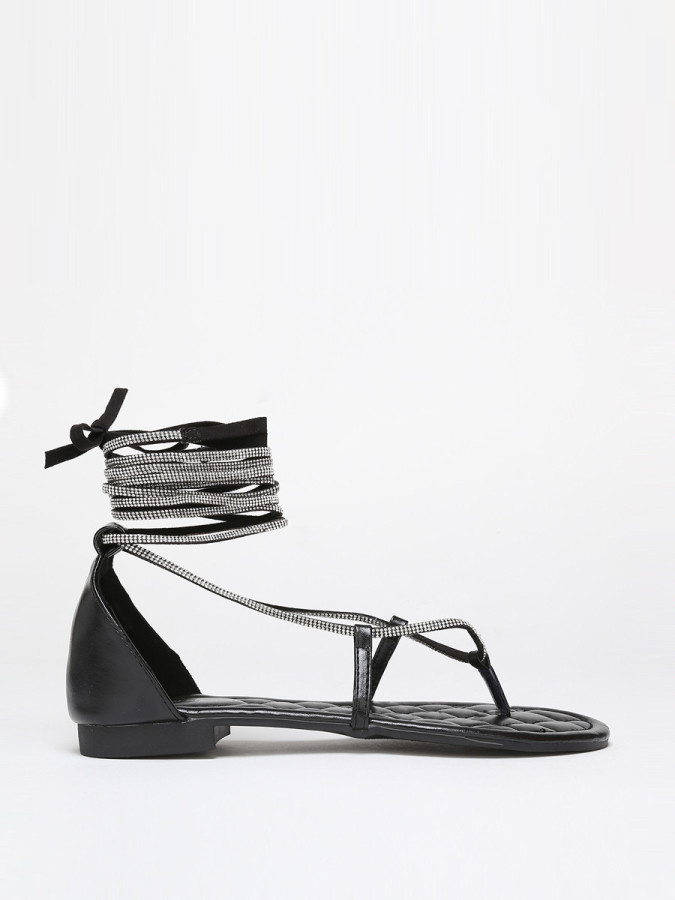 Sandales noires strassées à nouer en simili cuir