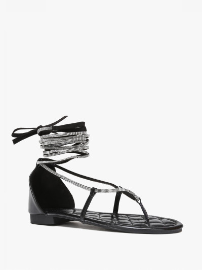 Sandales noires strassées à nouer en simili cuir