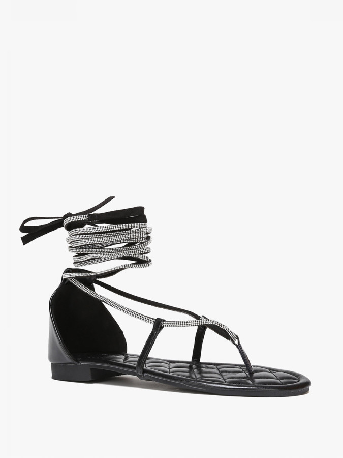 Sandales noires strassées à nouer en simili cuir