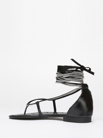 Sandales noires strassées à nouer en simili cuir