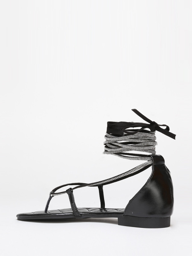 Sandales noires strassées à nouer en simili cuir