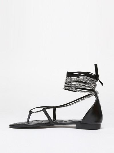 Sandales noires strassées à nouer en simili cuir