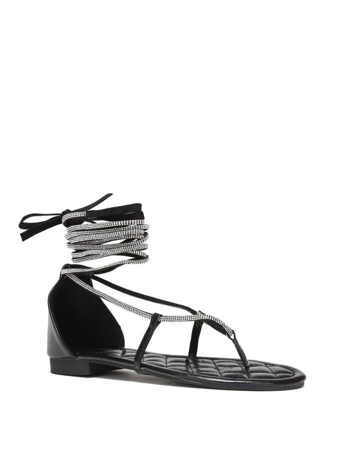 Sandales noires strassées à nouer en simili cuir