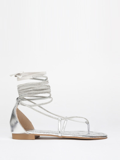 Sandales argentées strassées à nouer en simili cuir