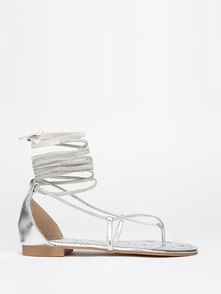 Sandales argentées strassées à nouer en simili cuir