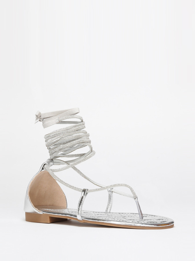 Sandales argentées strassées à nouer en simili cuir