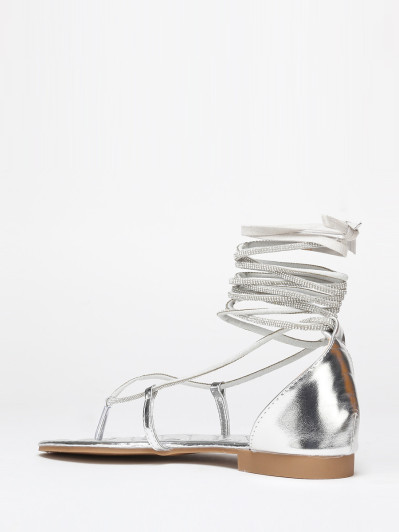 Sandales argentées strassées à nouer en simili cuir