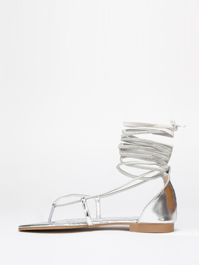 Sandales argentées strassées à nouer en simili cuir