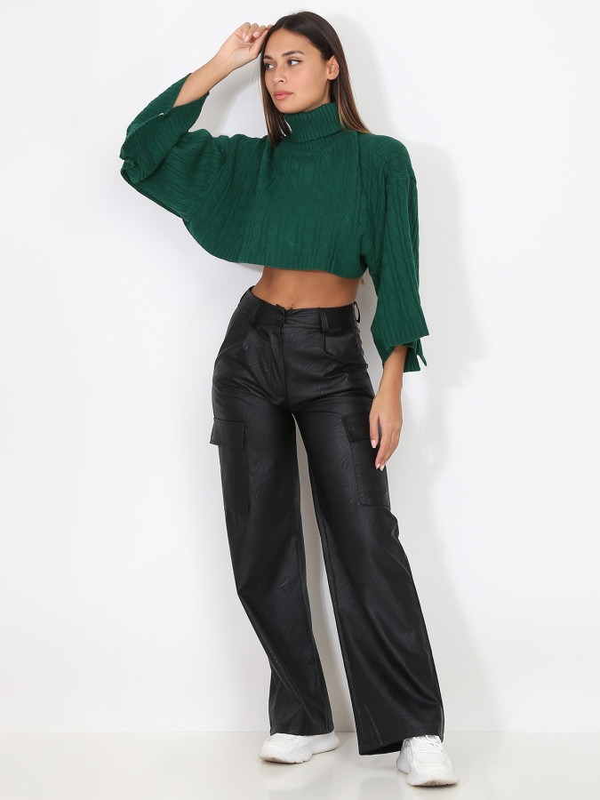 Pantalon cargo évasé en simili