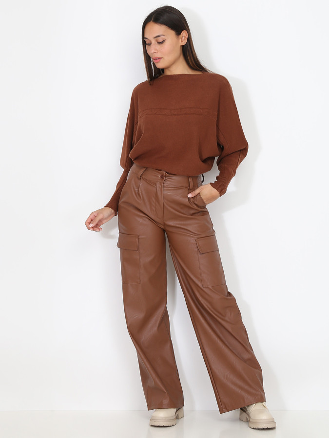 Pantalon cargo évasé en simili