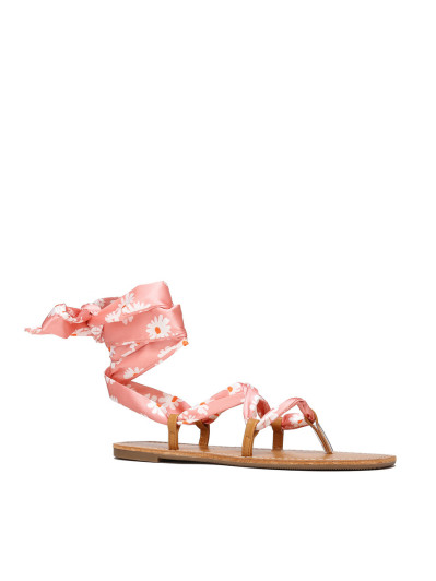 Sandales avec ruban rose et fleuri à nouer