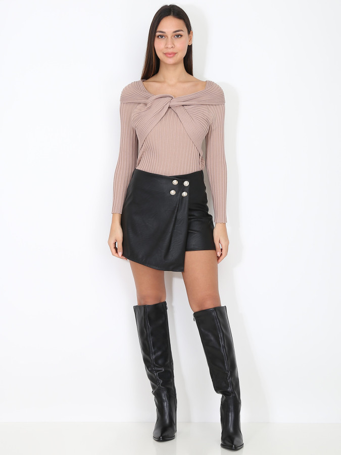 Top côtelé à col Bardot noué