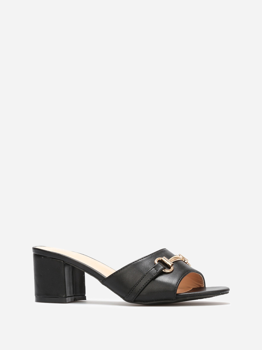 Mules Italiennes Kiara Shoes K28201 - Bande Noire, Talon Bloc Doré 7cm, Tailles 35 à 42, Neuves