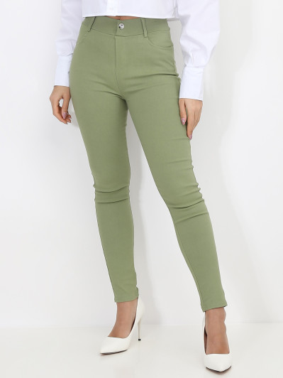 Pantalon skinny stretch kaki à bouton strass