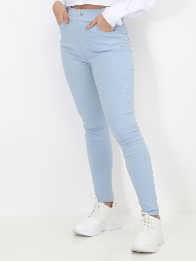 Pantalon skinny stretch bleu à bouton strass