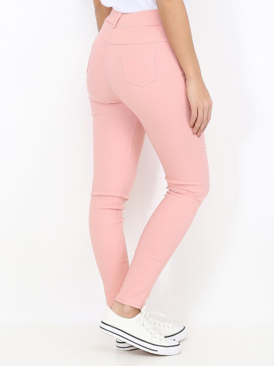 Pantalon skinny stretch rose à bouton strass