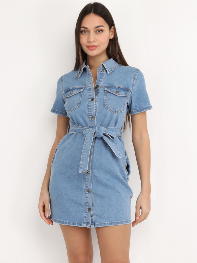 Robe chemise denim ceinturée