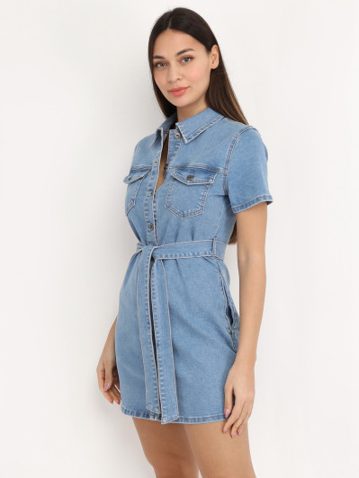 Robe chemise denim ceinturée