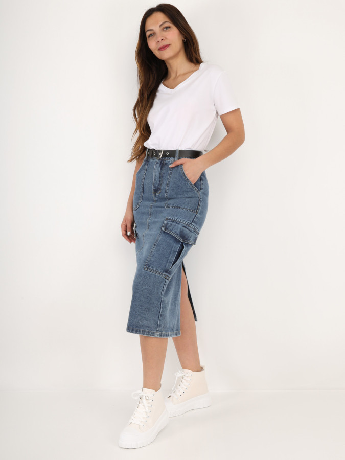 Jupe cargo en jeans ceinturée