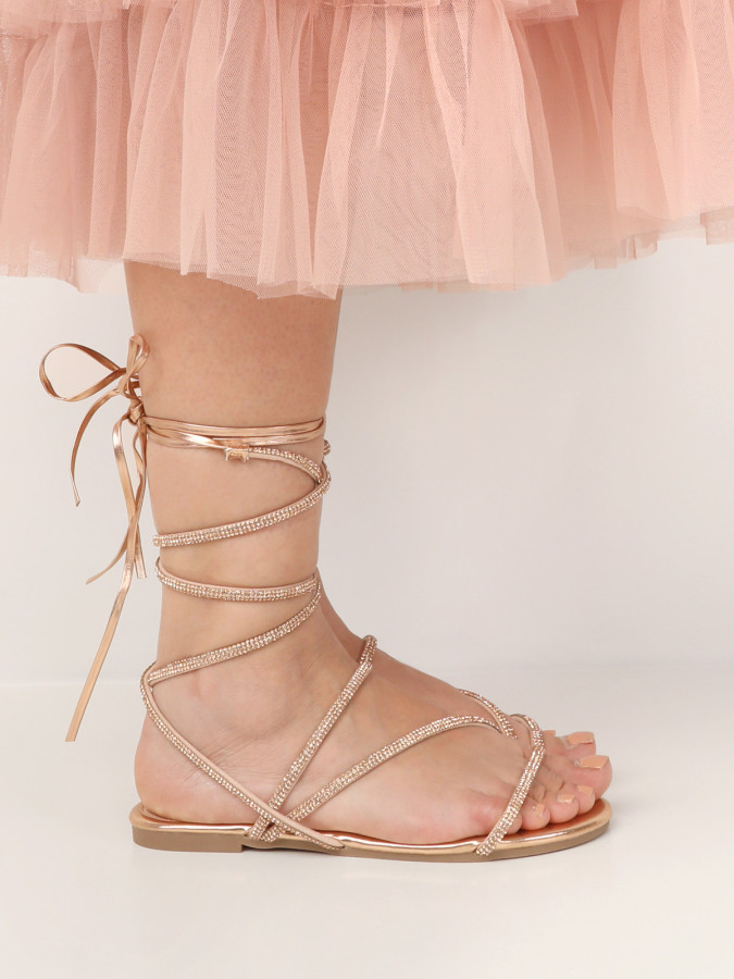 Sandales plates à lacets en strass