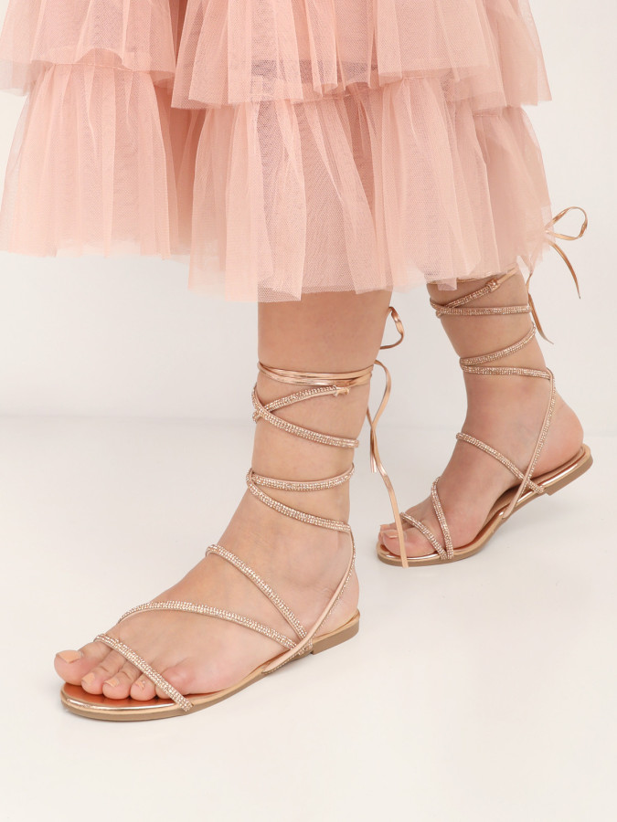 Sandales plates à lacets en strass