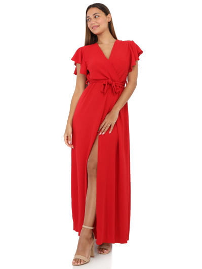 Robe longue fendue à col cache coeur