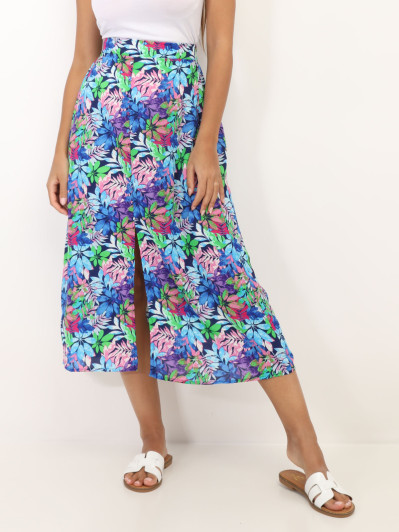 Jupe fendue à motif feuilles colorées