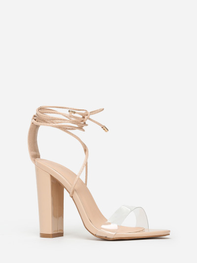 Sandales beiges avec bride transparente et lanière