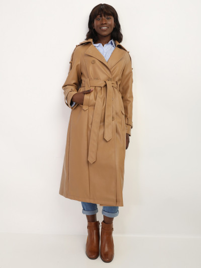 Trench long en simili avec ceinture