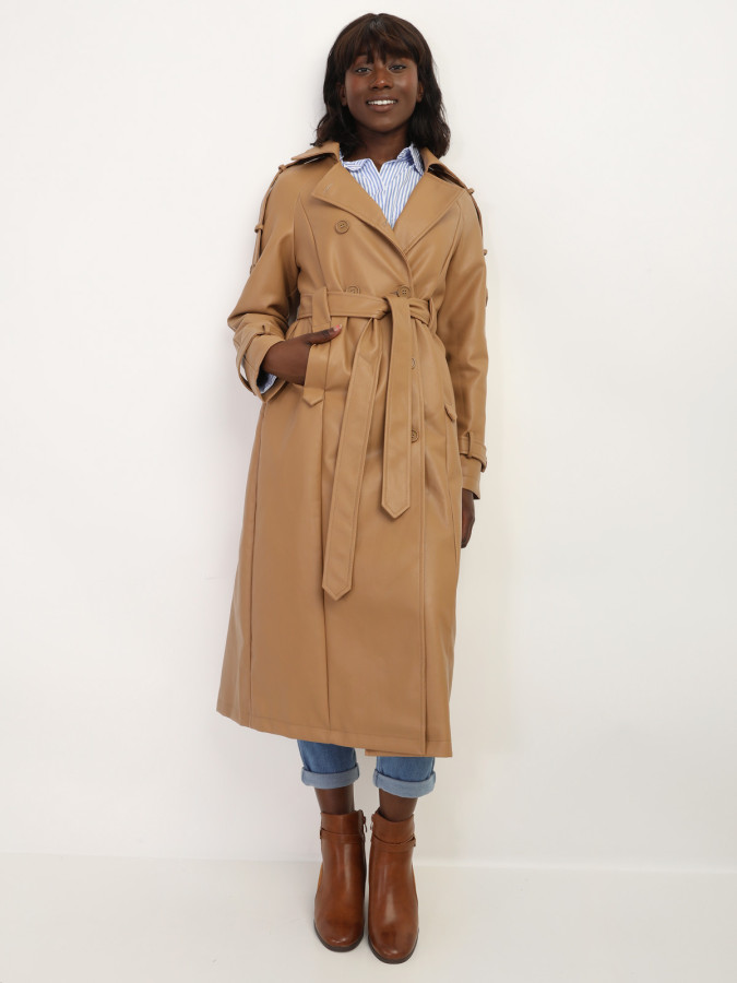 Trench long en simili avec ceinture