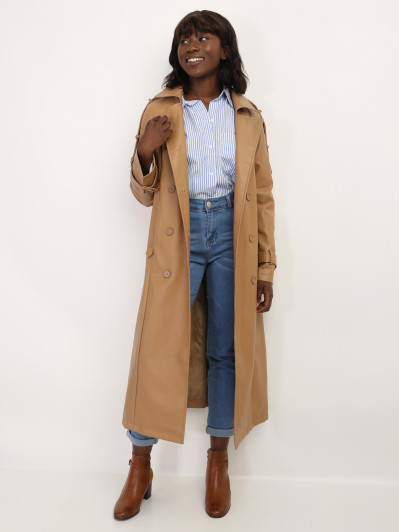Trench long en simili avec ceinture