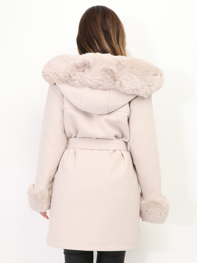 Manteau bi-matière à capuche et manches fourrées