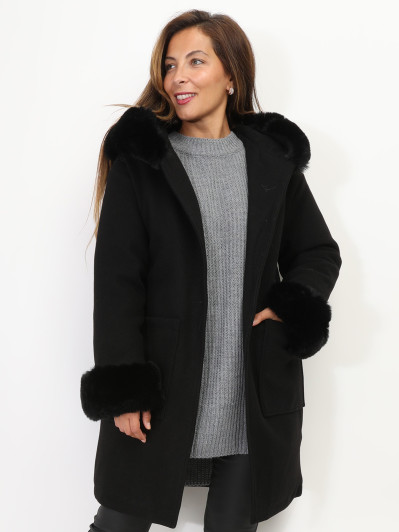 Manteau bi-matière à capuche et manches fourrées