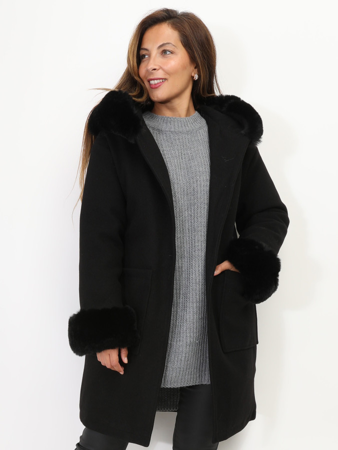 Manteau bi-matière à capuche et manches fourrées