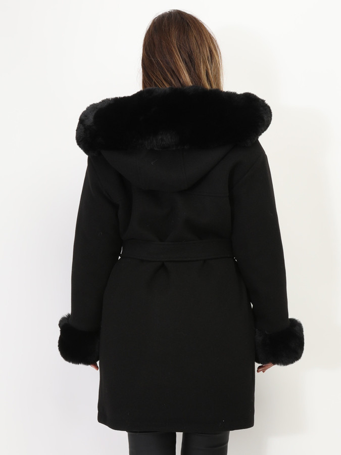 Manteau bi-matière à capuche et manches fourrées