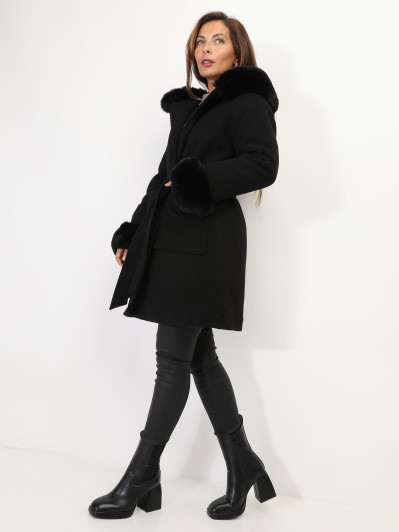Manteau bi-matière à capuche et manches fourrées