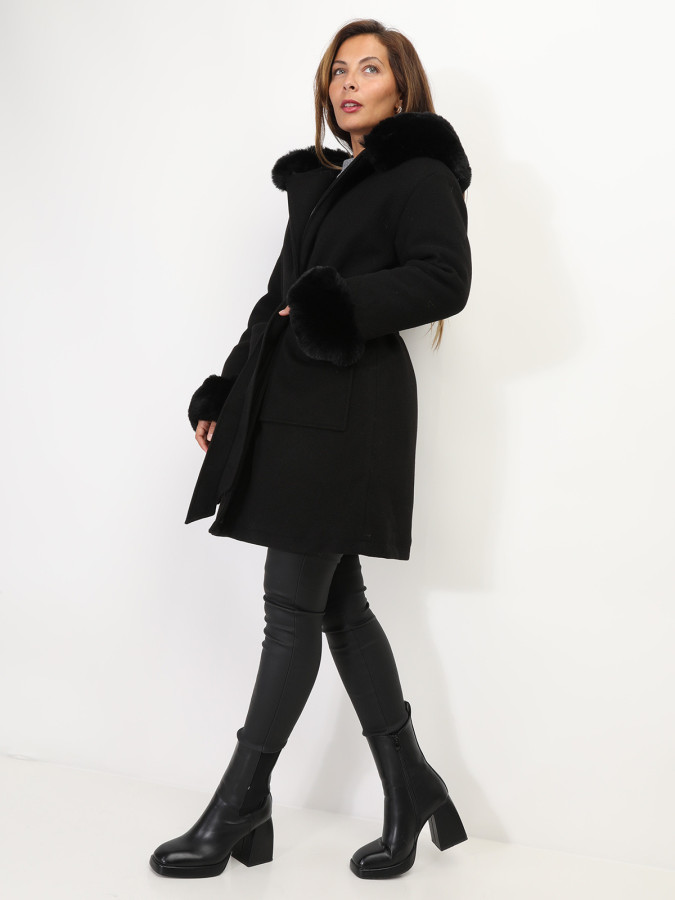 Manteau bi-matière à capuche et manches fourrées