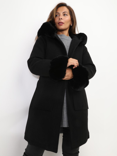 Manteau bi-matière à capuche et manches fourrées